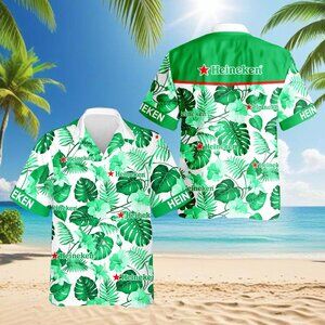 Heineken Hawaiian Shirt for Men, Button Down Summer Beach Short Sleeve, Hawaiian
